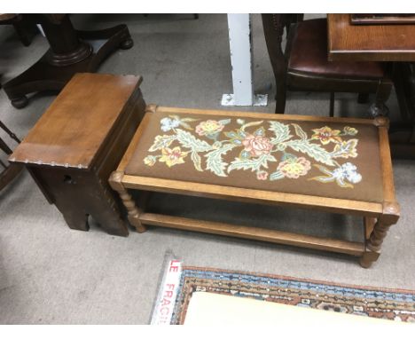 An oak stall with inset removeable tapestry panel and a small oak storage box.