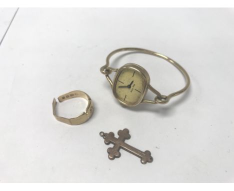 An 18ct ring together with a 9ct cross pendant and watch. Weight approx 19.2g