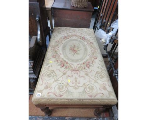 VICTORIAN STYLE TAPESTRY STOOL, a large tapestry topped mahogany rectangular stool with inverted baluster fluted legs