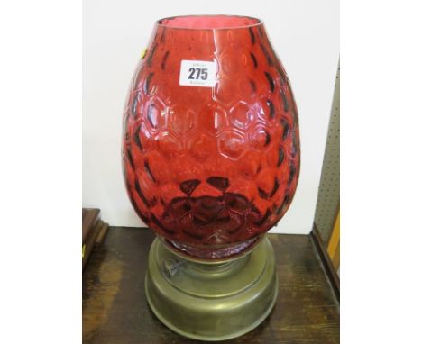 OIL LAMP, a ruby glass moulded shade table top oil lamp