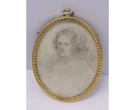 19TH CENTURY MINIATURE PORTRAIT, oval pencil study "Portrait of a Lady"