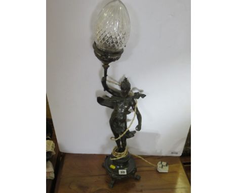 TABLE LAMP, Edwardian bronzed figure support table lamp with cut glass shade, 28.5" high