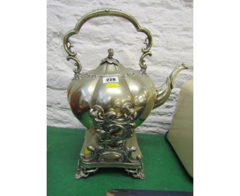 VICTORIAN SILVER PLATE, 19th Century spirit tea kettle on original stand of fluted pumpkin shape 