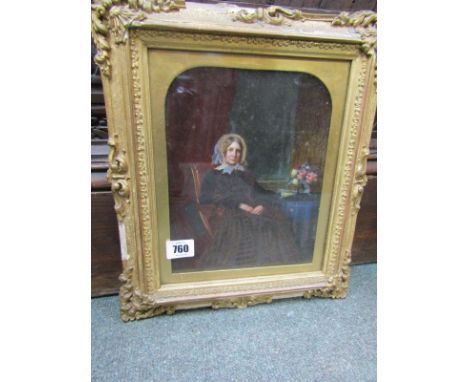 19TH CENTURY ENGLISH SCHOOL, oil on board, "Portrait of Lady seated with lace bonnet and vase of flowers", 9" x 7"