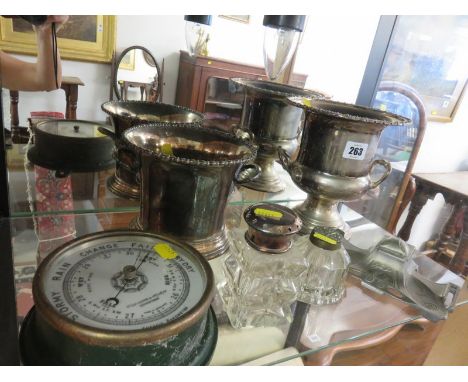 SHIPS BAROMETER BY HARRIS, Art Nouveau pewter inkwell, 2 plated ice buckets and contents of shelf 