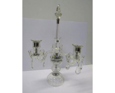 GLASSWARE, Continental cut glass triple branch table top candelabra, 19" high 