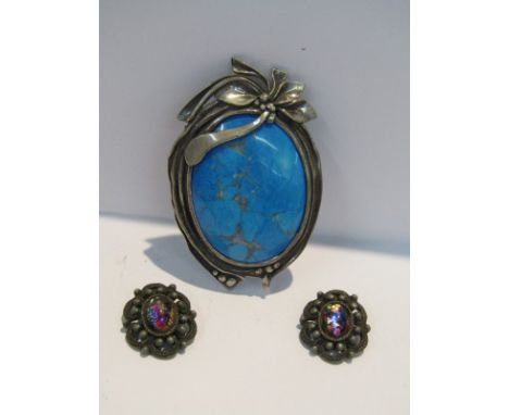 SILVER & TURQUOISE LAPIS LAZULI BROOCH, marked 925S & pair of clip on costume earring