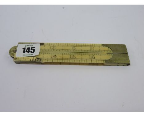 ANTIQUE FOLDING RULER, brass mounted ivory 4 fold ruler with ownership inscription