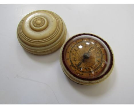 "PORTERS" GEORGIAN MAGNETIC SUN DIAL, in screw top ivory case with advertising to under side the lid "Patronized by the King,