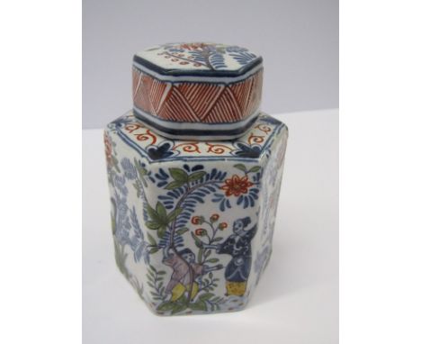 DELFT TEA CADDY, chinoiserie Continental Delft hexagonal lidded tea caddy, 4.5" high