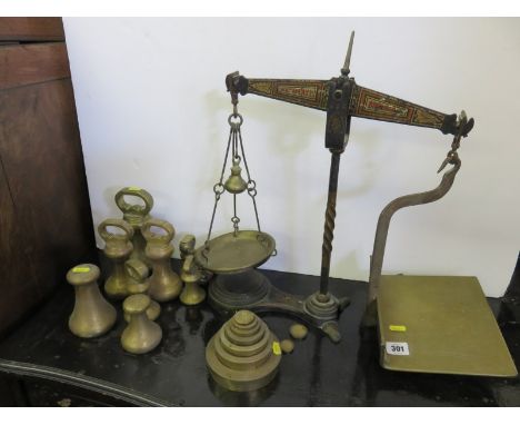 SCALES & WEIGHTS, a W & T Avery balance scale with collection of brass pear shaped weights & graduated pill shaped weight