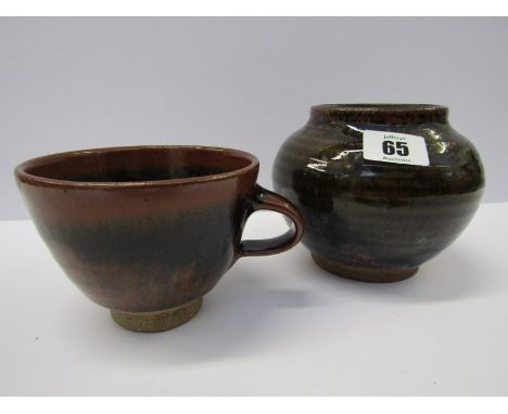 STUDIO POTTERY, Leach pottery Tenmoku glazed tea cup & similar spherical posy vase, 4.5" high