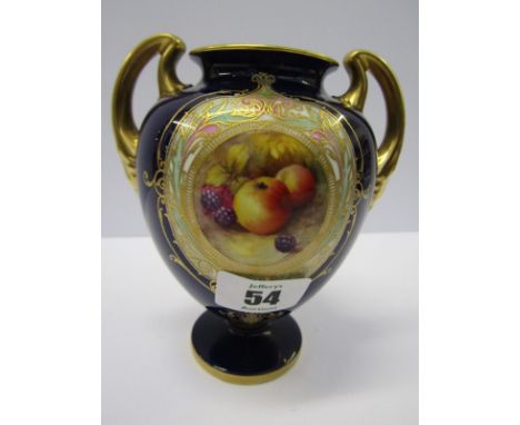 ROYAL WORCESTER, twin gilt handled blue ground pedestal vase, painted with fruit reserve, design no. 669188, 5" high 