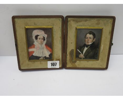 MOSES B RUSSELL, pair of signed portrait on ivory, understood to be "Mr & Mrs Dillaway of Boston, Massachusetts", in folding 