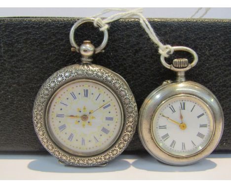 TWO LADIES SILVER CASED FOB WATCHES, one top wind, one key wind