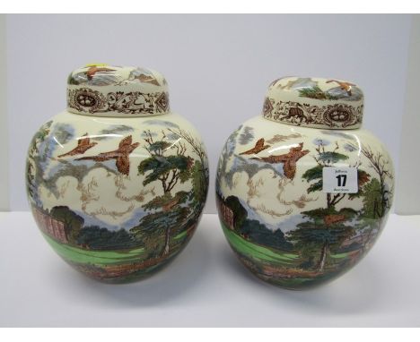 MASONS IRONSTONE, "Game Birds" pattern pair of lidded ginger jars 9.5" high