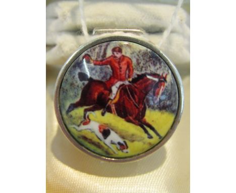 SILVER PILL BOX with hunting scene, Huntsman on Horse with Hound