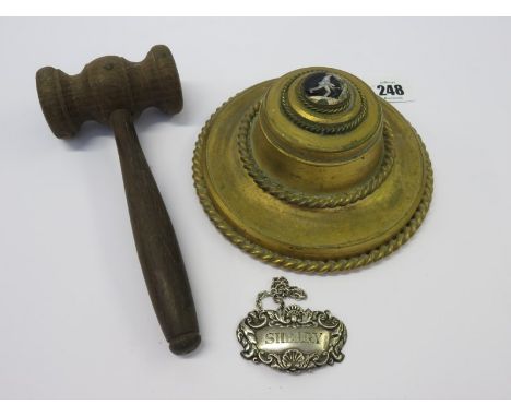 VICTORIAN GILDED INKWELL, also HM silver sherry decanter label and treen gavel