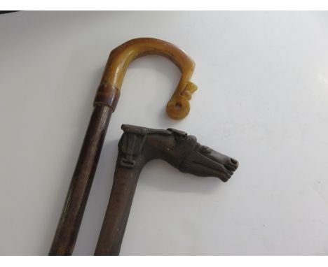 WALKING STICKS, a horse head carved handle grip walking stick & shepherds crook