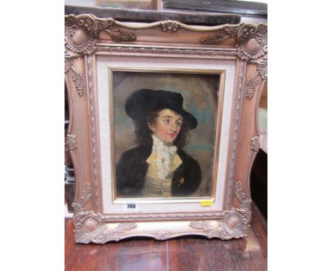 G. DUPONT, oil on panel "Portrait of 18th Century Gentleman, wearing hat and lace cravat", 9.5" x 7"