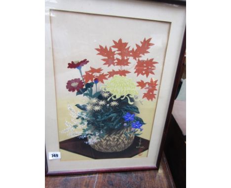 JAPANESE COLOUR WOOD BLOCK, Bakufu Ohno, signed print "Bamboo Vase of Flowers on Plinth", 15" x 10"