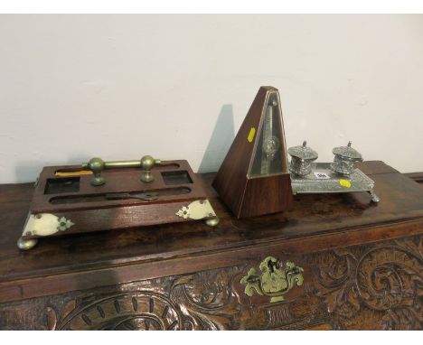 STANDISH, chromed ornate foliate design twin ink well stand dish, also Edwardian standish & base & metronome 