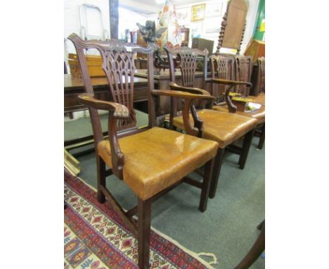 6 CHIPPENDALE CHAIRS, a set of 4 carved mahogany Chippendale design dining chairs with interlace splat backs together with a 