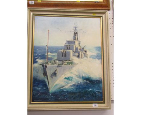 B.V.WYNN WERNINCK, signed oil on board dared 1972 Portrait of Battleship, 21.5" x 17"