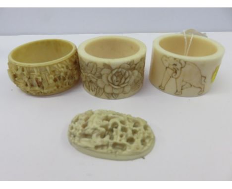 ANTIQUE IVORY, 3 carved ivory serviette rings & Chinese carved ivory oval plaque