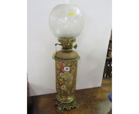 OIL LAMP, attractive portrait and garden painted base, brass mounted oil lamp with spherical shade