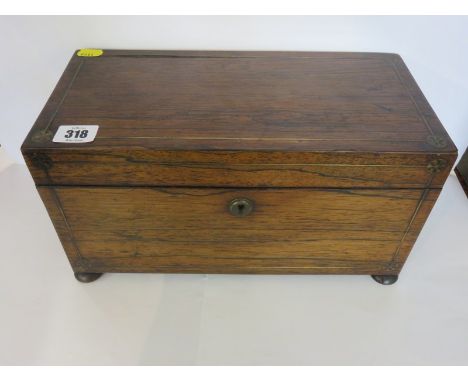 ANTIQUE TEA CADDY, early 19th Century brass inlaid rosewood triple section tea caddy
