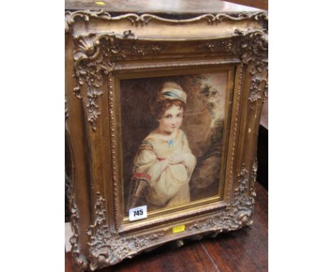 19TH CENTURY PORTRAIT, watercolour "Portrait of Young Girl in Landscape" with decorative gilt antique frame, 9" x 7"