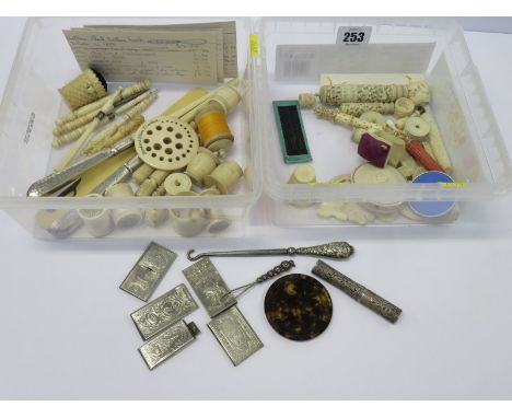 NEEDLEWORK ACCESSORIES, a collection of antique ivory needlework accessories including a clamp, needle cases, bodkins and sil