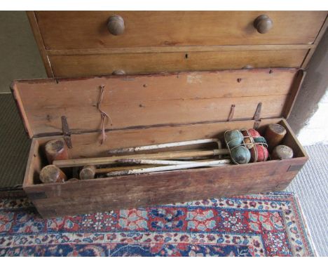 CROQUET SET, 2 vintage croquet sets in stained pine box 