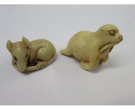 ANTIQUE IVORY, carved Walrus Netsuke and Rat design carving