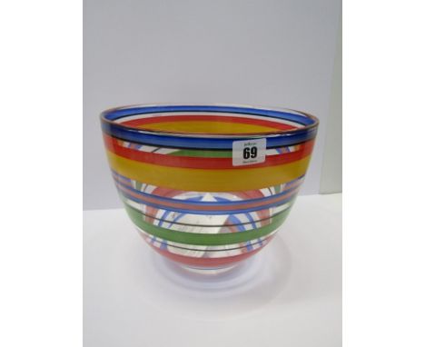 ART GLASS, Kosta Boda enamel banded, 10.5" diameter deep bowl with original packing box