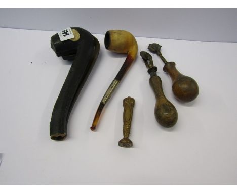 LEATHER MAKERS TOLLS, 2 leather makers punches, also a seal & a pipe with a silver feral & amber handle in fitted case