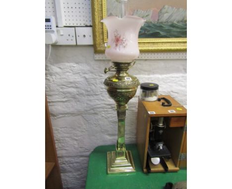 OIL LAMP, Victorian brass square column base tall oil lamp with embossed brass reservoir and milk glass shade 