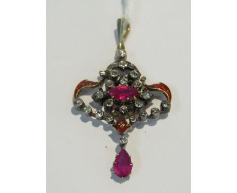 VINTAGE ART NOUVEAU DESIGN PENDANT, set with old cut diamonds marquise & pear cut rubies with red enamel highlights
