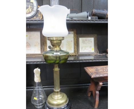 OIL LAMP, brass column base glass reservoir oil lamp, with milk glass crinoline shade