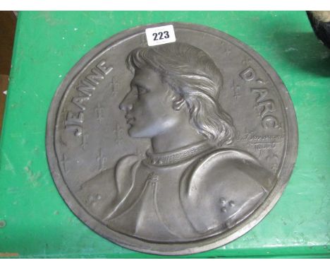ART NOUVEAU, pewter relief portrait plaque "Jeanne D'Arc" by Charles Desvengnes, 10" diameter 