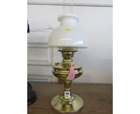 OIL LAMP, brass pedestal base oil lamp with milk glass shade 