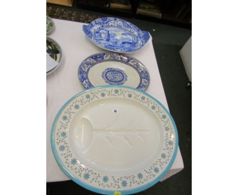 CROWN DERBY, 19th Century turquoise floral border gravy well oval meat dish; also 19th Century Spode "Italian" pattern oval s