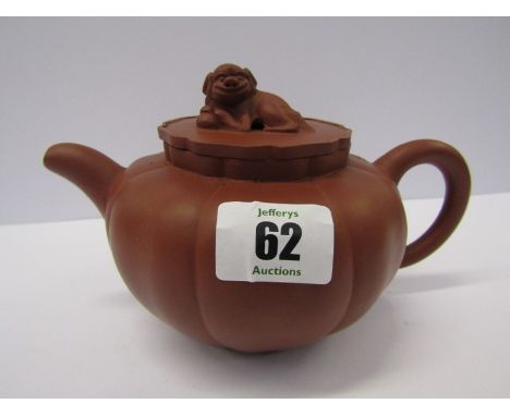 ORIENTAL CERAMICS, Chinese red earthenware melon shaped tea pot with temple dog finial