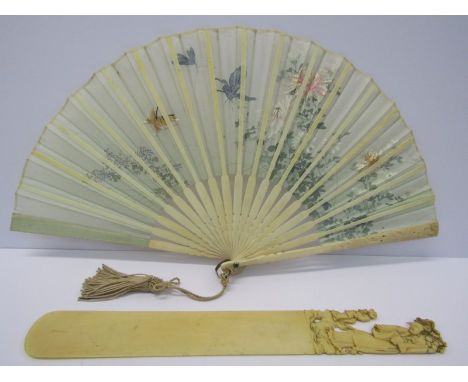 ORIENTAL PAGE TURNER, a carved ivory Oriental page turner, 12", also a ivory framed fan with floral & butterfly decoration on