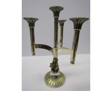 COMMEMORATIVE SILVER CANDELABRA, HM silver Royal Lion support triple branch candelabra, London 1977, 26 ozs, 11" height