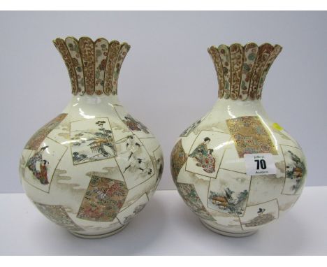 ORIENTAL CERAMICS, pair of gilded Satsuma vases decorated with portrait & landscape vignettes, 4 character base mark (some fa
