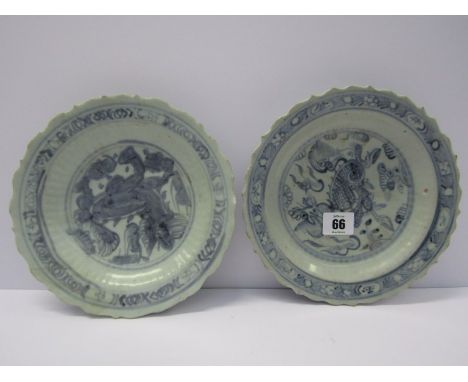ORIENTAL CERAMICS, pair of early Chinese ceramic dishes with lobed edge & kylin decoration, 8" diameter