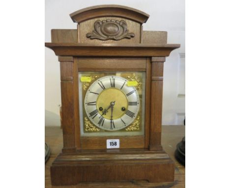 EDWARDIAN BRACKET CLOCK, oak architectural cased bracket clock with brass satin finish face and coiled bar strike, 15.5" high