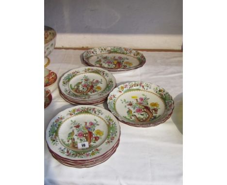 WARING & GILLOW, Spode "Exotic Bird" pattern dessert ware of pair of oval fluted dishes, 2 bowls and 12 dessert plates (some 